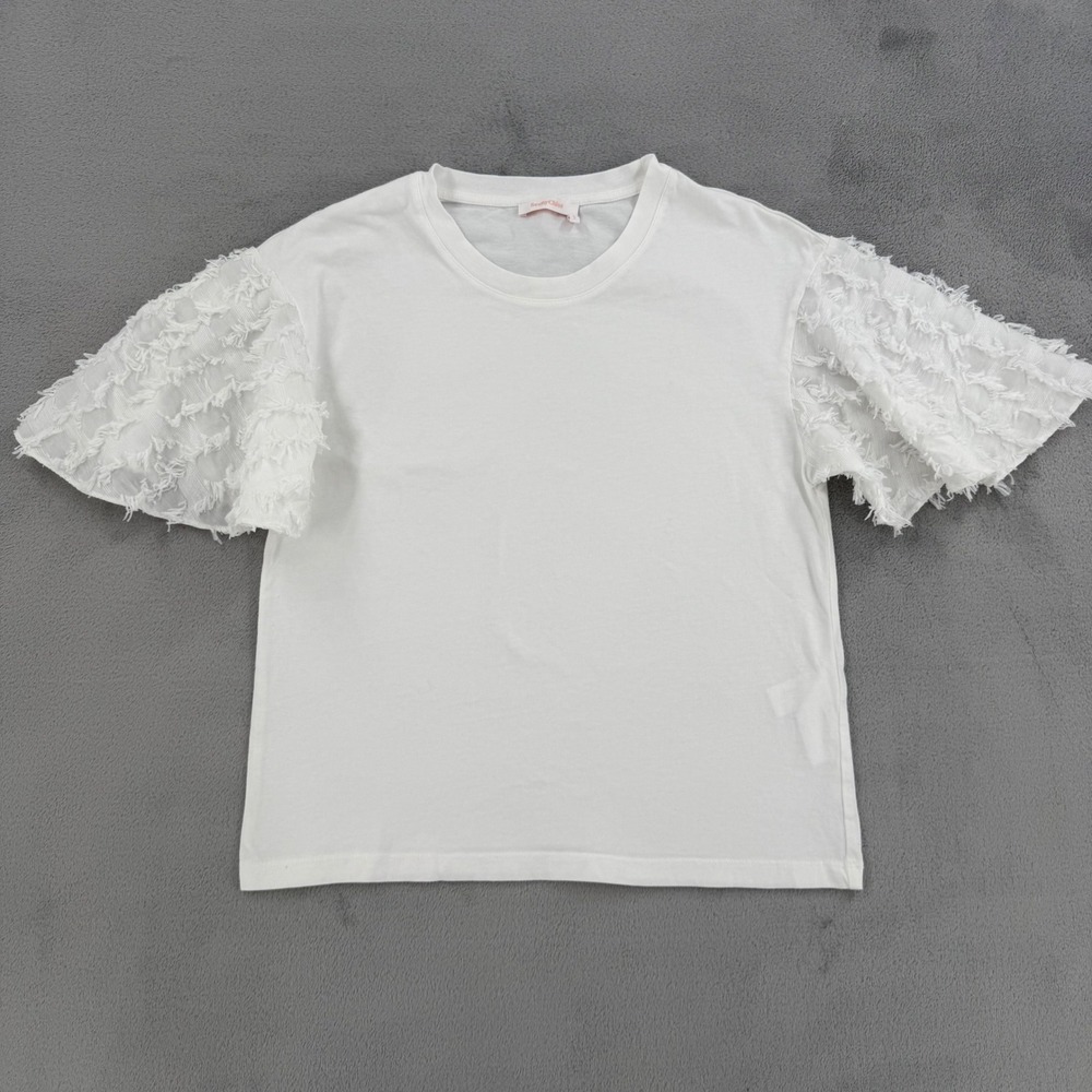 See By Chloé White Cotton T-Shirt with Textured Fringed Puff Sleeves Womens M